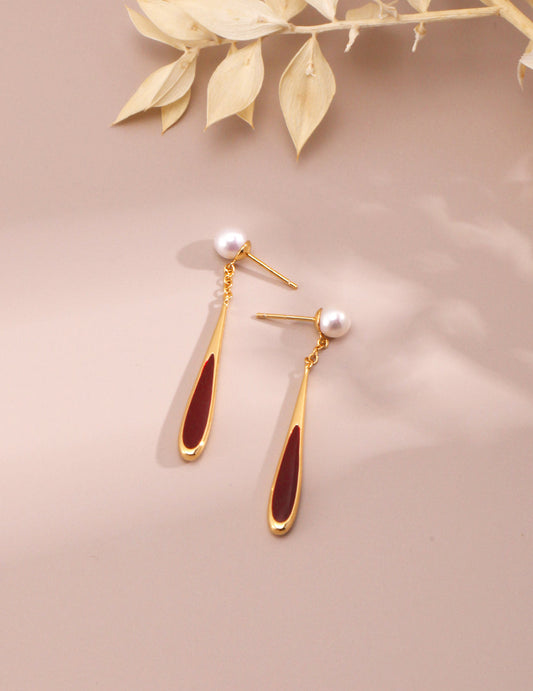 Elegant Silver Red Drip Glaze Teardrop Pearl Earrings - Vintage Gold Finish