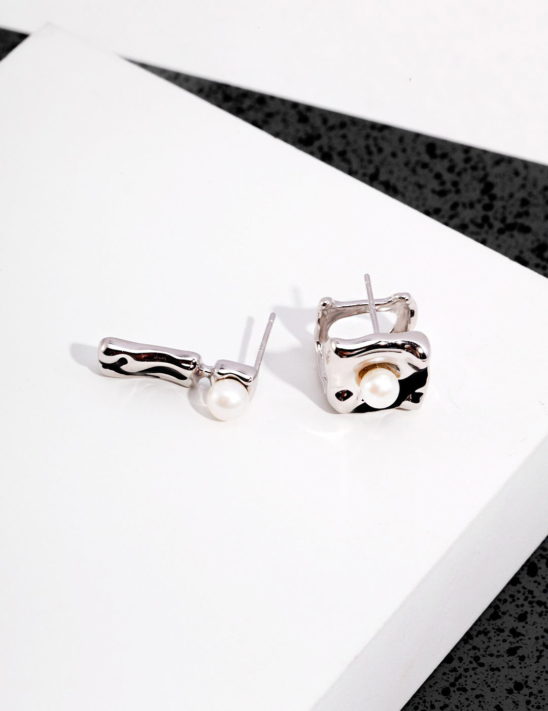 Minimalist Geometric Enamel Pearl Sterling Silver Earrings: AB Collection