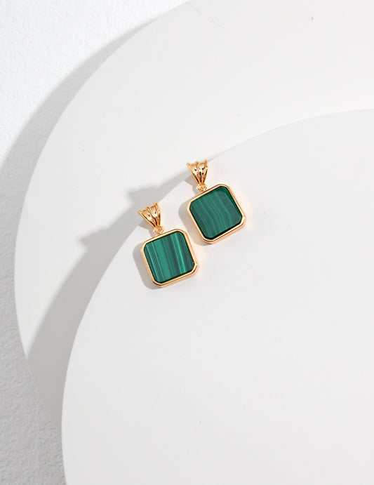 Vintage Gold Square Malachite Sterling Silver Earrings