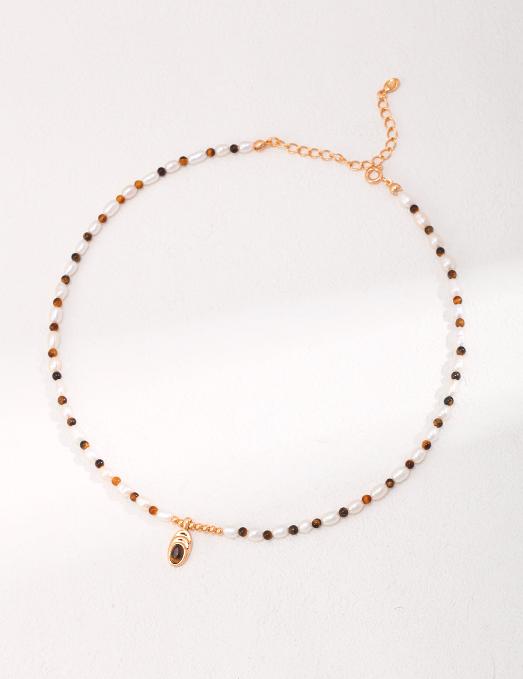 Vintage Gold Adjustable Pure Silver Necklace with Natural Pearls and Tiger's Eye