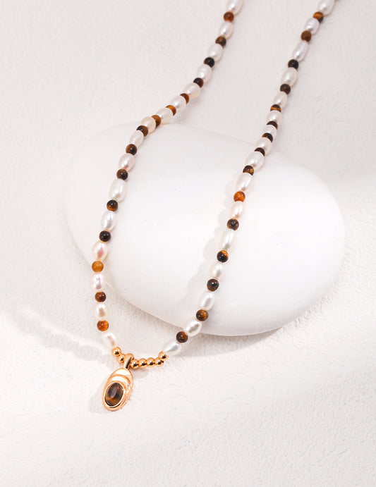 Vintage Gold Adjustable Pure Silver Necklace with Natural Pearls and Tiger's Eye